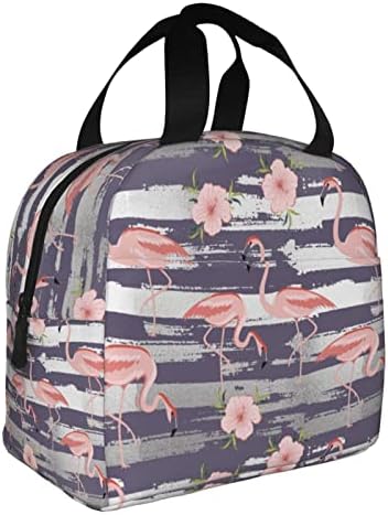 Lancheira de lancheira rosa flamingo flores aquarela de lancheiras isoladas listras cinzas roxas lancha à prova d'água almoço reutilizável com bolsa de piquenique para o escritório para piqueniques