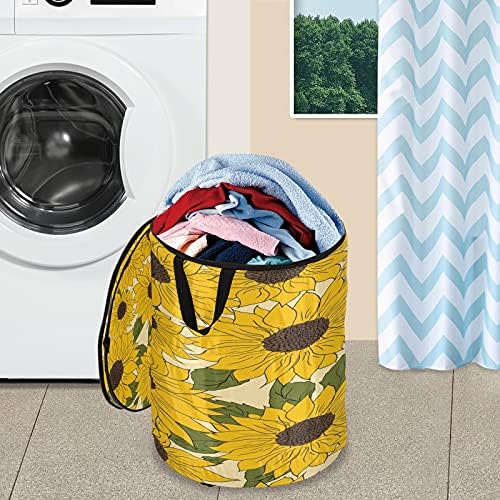 Xigua Sunflowers Pop-up Laundry cesto com tampa com zíper, cesto de roupas sujas dobráveis ​​e dobráveis ​​com alças