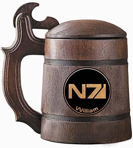 Mass Effect N7 Caneca de cerveja. Caneca de cerveja de madeira personalizada com tampa. Caneca para jogadores. Tanque