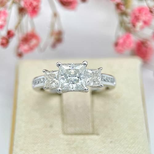 ZLAEBL 2 3/5 de quilates de 3 pedras de cenas cortadas de moissanita anéis de noivado para mulheres Platinum banhado a prata