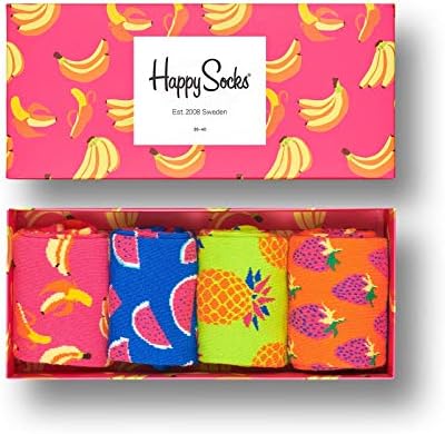Happy Socks 4-Pack Pop Prefet, colorido e divertido, meias para homens e mulheres, rosa-amarelo-verde-marinho