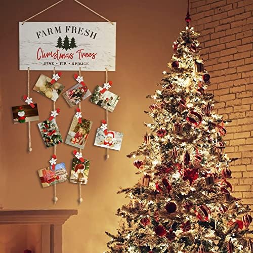 Toekt Christmas Card Holder Farm Fresh Wall Hanging Cartão Exibir suporte de imagem com 30pcs de clipes de madeira de floco de neve para cartões de natal de diy
