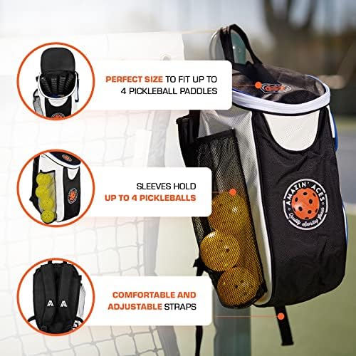 Amazin 'Aces Pickleball Backpack | Bolsa apresenta suporte/manga do picador | O pacote se encaixa em várias pás | Bolsos convenientes para telefone, chaves e carteira | Costas acolchoadas e tiras para maior conforto