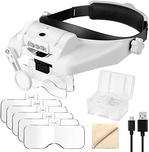 Linente da faixa da cabeça com luz LED 1x a 14x, Sunjoyco Handsfree Head Mount Mount Glass Visor LoupE Ferramentas de lupa para jóias de joalheria de trabalho de costura de costura de costura, com 5 lentes