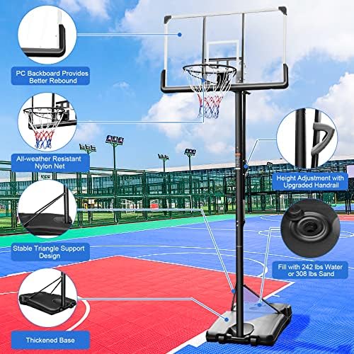 Aro de basquete portátil, pano de arma de basquete ajustável de 7,5 pés - 10 pés, encosto de 48 polegadas e rodas, equipamento de