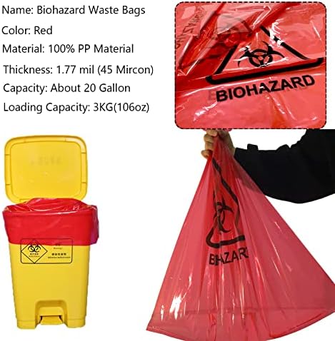 Sacos de resíduos biológicos - bolsa de segurança descartável, autoclavável, resistente à punção, capacidade de 20 gal, 1,77 mil, 45 mircon, 24 x 31