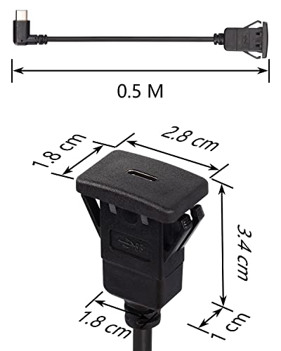 Cerrxiano 0,5m ângulo reto USB C 3.0 Male a fêmea Feminino Painel de montagem Cabo para carro, barco, motocicleta, painel de caminhão