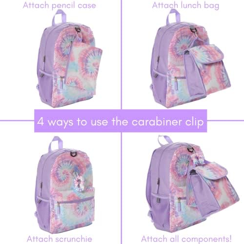 Clube Libby Lu LECIN Tie Backpack Conjunto para meninas, 16 polegadas, 6 peças - inclui lancheira dobrável, garrafa de água, caixa de lápis, racha lavável e clipe de carabineiro - rosa e roxo