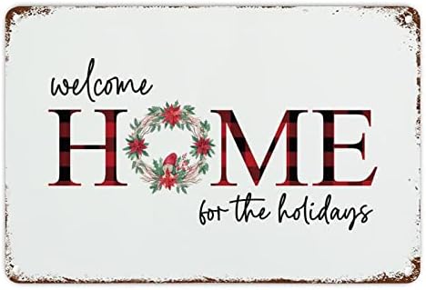 Decoração de parede de lata de metal bem -vindo em casa para as férias de férias Christmas Floral Wreath Metal Sign Decoração para casa para a porta da frente da porta da cozinha pátio garagem para o banheiro decoração de lavanderia 12x8in feita nos EUA