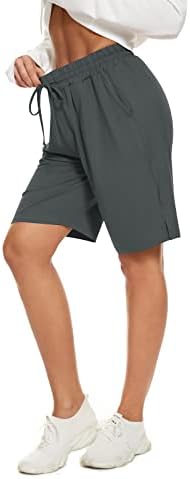 Sicvek Knee Women Bermuda shorts elásticos da cintura elástica atlética short longo short casual shorts de ioga de verão