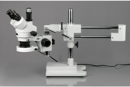 AMSCOPE SM-4T-80S-M Microscópio de zoom estéreo profissional de estéreo profissional digital, oculares wh10x, ampliação 7x-45x, objetivo do zoom de 0,7x-4,5x, luz do anel de 80 bulbos, suporte de boom de braço duplo, 90V-265, inclui 1.3 Câmera MP com lente de redução e software