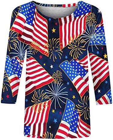 4 de julho Tops for Women American Flag Print 3/4 Sleeve Crewneck camiseta camisetas de verão Stars Casual Start Stripe Blouse patriótica
