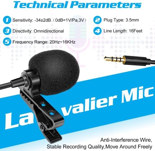 Microfone de lapela lavalier de grau profissional para Panasonic Eluga Ray Max Compatível com telefone para iPhone ou câmera