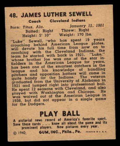 1940 Play Ball # 48 Luke Sewell Cleveland Indians VG/Ex Indians