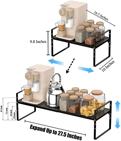 Gedlire Expandível Cabinete de cozinha Organizadores de 2 pacote, prateleiras de armazenamento de despensa de metal empilhável rack, prateleira de contador ajustável para armários, bancada, organizadores do armário e armazenamento, preto