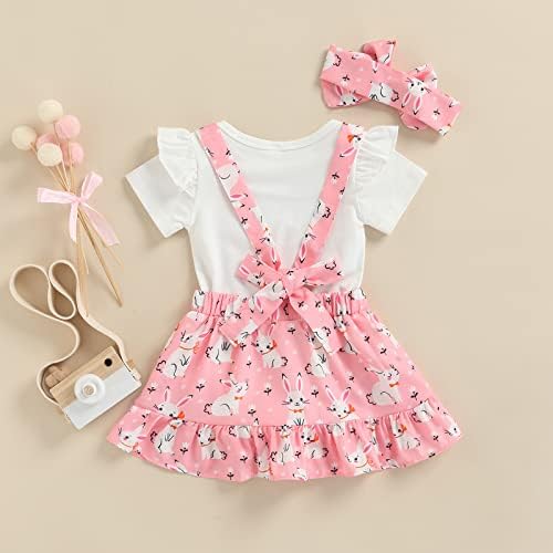 Criança bebê meninas minha 1ª roupa de Páscoa Bunny Letter Print Romper camisa babado de suspensa Salia Ruffle