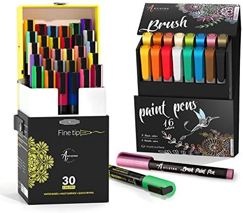Artistro 16 canetas de tinta de pincel e 30 marcadores de tinta acrílica Dica fina, pacote para caligrafia, pintura de rock,