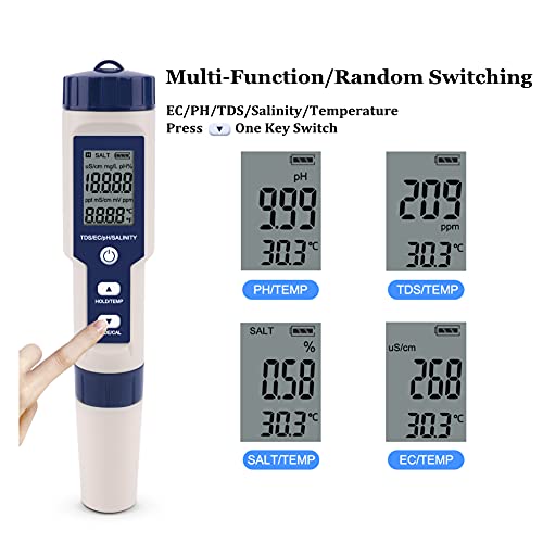 Medidor de pH, EZ-9909 5 em 1 alta precisão Testador de qualidade de água digital portátil, para medir a temperatura do PH Salinity TDS, com tela de luz de fundo, IP67 à prova d'água