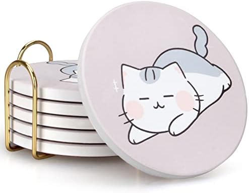 6 PCS Coasters fofos Cat Coaster engraçado Conjunto com titular Ceramic Absorvent Drink Coasters para mesa de café Decases Decases