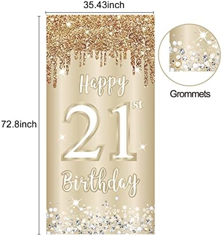 Feliz 21st Birthday Door Banner Decorações para ela, Gold White 21 Birthday Door Cover Signal Supplies, 21 anos