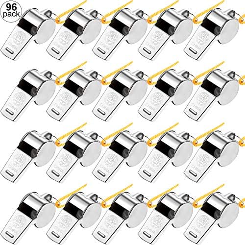 FIEDA 96 PEÇAS METAL Assobios de metal com o cordão de torreu Treinamento de apito esportes apito alto