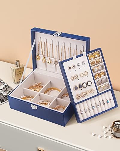 Caixa de jóias para mulheres meninas, organizador de jóias de 2 camadas Couro liso com jóias de bloqueio Caso de armazenamento