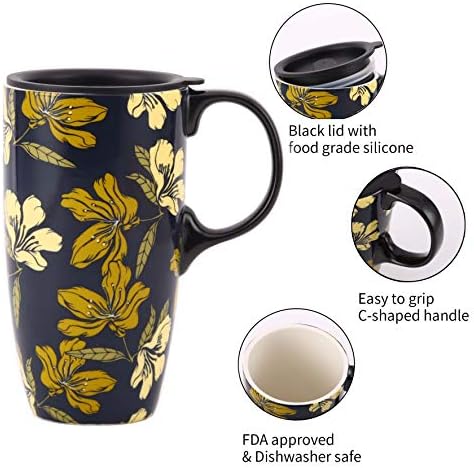 TopArorn Ceramic Coffee Caneca Viagem Cup Presente com tampa 17oz, porcelana alta xícara de chá com alça para casa e escritório, caneca de presente de padrão de arte de flor amarela, 6.5''H