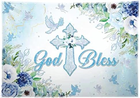 84x60inch Deus abençoe o pano de fundo para a primeira comunhão de batizagem Backgramento Baptismo Partido Banner Floral Boy Baby Blue Chuveiro Dove Partimento Angle Suprimentos Decorações Photoshoot Gifts