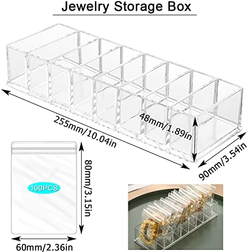 Caixa clara de organizador de jóias acrílicas com 100 PCs Sagre para armazenamento de jóias Bolsa de zíper para anéis, colar, pulseiras,
