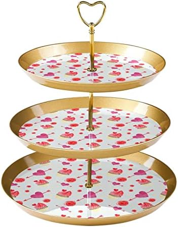 Suporte para bolo com bandeja de porção dourada, 3 camadas de cupcakes redondos estandes de massa, cupcake titular Tower Tower fofo Valentine Pattern