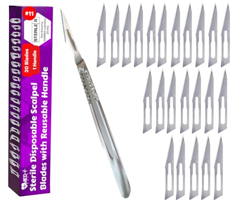 Medhelp 21 PCs 20 lâminas de bisturi 11 e 1 alça de bisturi de aço inoxidável, facas de laboratório, lâminas cirúrgicas de dermablade