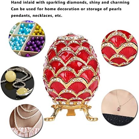 Caixa de jóias pintadas de esmalte PSSOPP Caixa de bugigangas de estilo de ovo de faberge com organizador de jóias para brincos, anéis, colares, vermelho