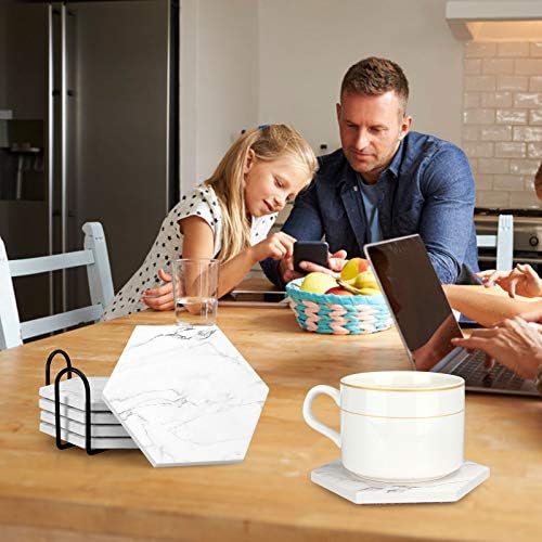 6 PCS Montanha -russa de mármore branca para mesa de café Drink Coasters Absases com porta -copos Helder Hexagon Stone Conjunto de montanha -russa de Tnsicstone