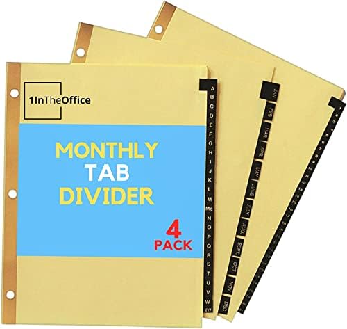 1InTheOffice Monthly Tab Divishers, guias do mês para fichário de 3 anel, divisores de couro mensais, 12 tab, preto,
