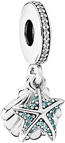 Pandora Jewelry Starfish and Sea Shell Dangle Charm Cubic Zirconia em Prata Sterling, sem caixa
