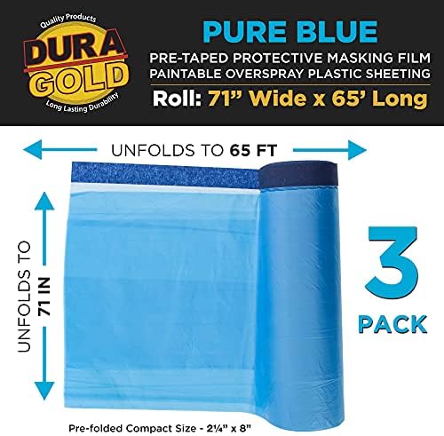 Dura-Gold 71 largo x 65 'Longo rolo de filme de mascaramento pré-gravado azul puro, 3 pacote-Felas de proteção plástica de plástico