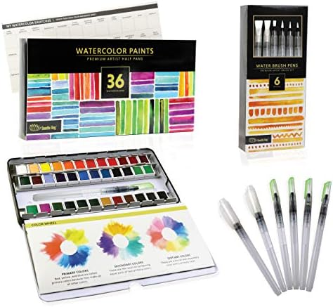 Doodle Hog Watercolor Paint Conjunto para artistas em movimento. O pacote de valor inclui 36 mans de paletas de cor de água vibrantes e 6 caneta de escova de água recarregável.