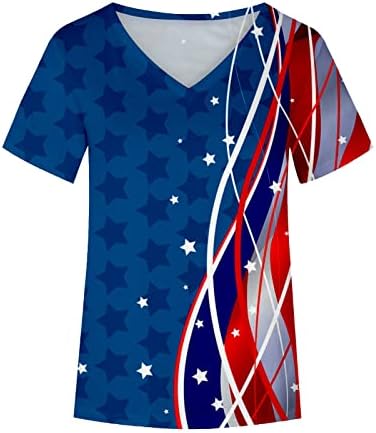 4 de julho Camisa do Dia da Independência das Mulheres Centros Longo V Decote de Manga Curta American Flag Print 4 de julho