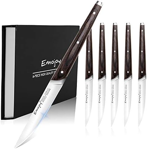 Conjunto de facas de bife emojoy, facas de bife 6pcs, aço inoxidável alemão de alto carbono, facas de jantar não serradas com caixa