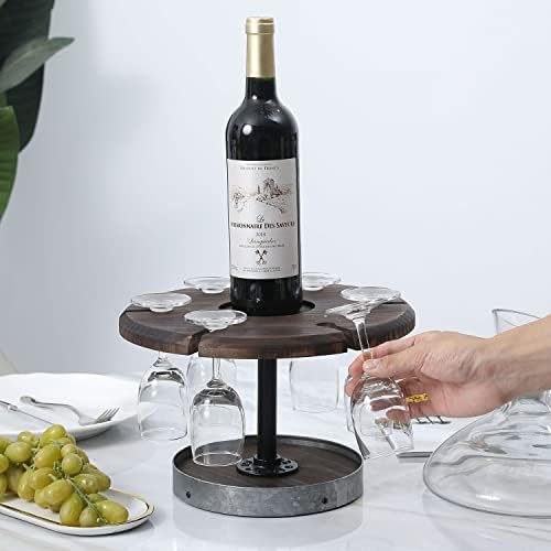 Mygift Rússico sólido queimado a lenha redondo copos de vinho e suporte para pedestal de garrafa de vinho com sotaque