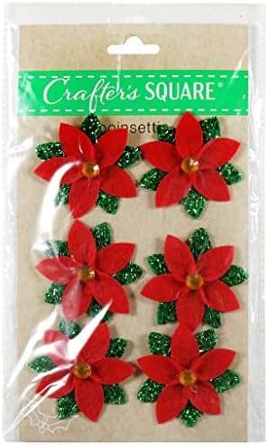 Crafter's Square Christmas Miniature Decorativo Glitter Tie -on Christmas Poinsettias - Vermelho e verde - 6 contagem, pequeno