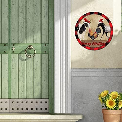 Placa redonda de lata de metal Placa Feliz Natal com animais de fazenda Printage plina de coroa de porta enferrujada Prinds de arte