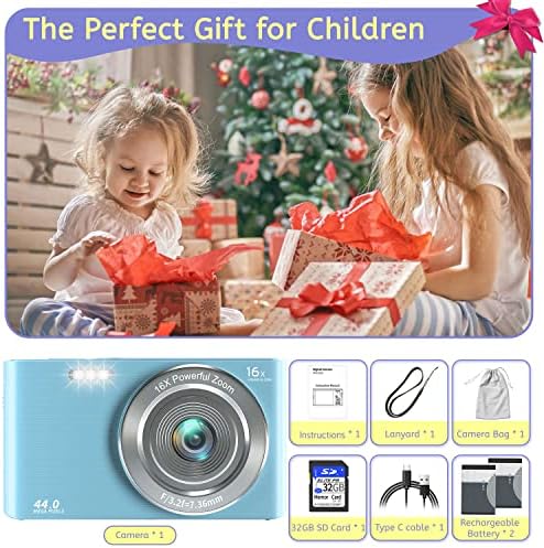 Câmera digital, câmera infantil com cartão de 32 GB 4k 44mp Point e Shoot Camera com 16x Zoom digital 2,4 polegadas, câmera de vlogging para estudantes adolescentes adultos meninos meninos-azuis3