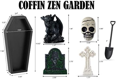 Coffin Zen Garden Kit para mesa, presentes góticos para mulheres, decoração assustadora da sala de escritório de meditação gótica,