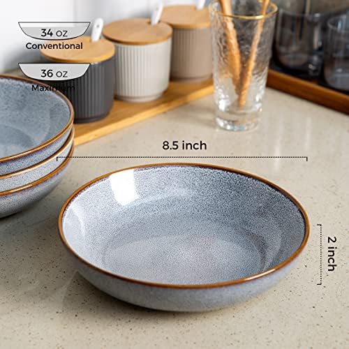 AMORARC 8.5 '' Grandes tigelas de macarrão, salada de cerâmica de 36 onças, que serve tigelas de 4 para cozinha, tigelas de grés largos para macarrão, salada, frutas, pão, microondas seguras, esmalte reativo-azul