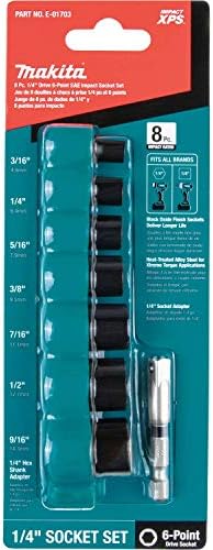 Makita E-01703 Impact XPS ™ 8 PC. Conjunto de soquete de impacto SAE de 1/4 de 1/4 de 6 pontos com adaptador de soquete