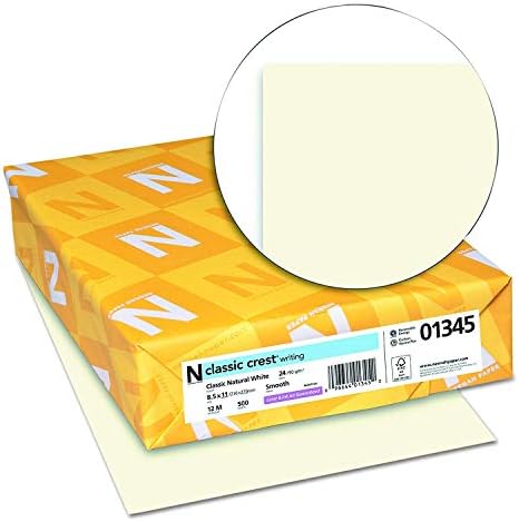 Neenah 5 x papel 01345 Classic Crest Premium Paper, 24 lb, 8,5 x 11 polegadas, branco, 500 folhas por resma, branco natural clássico