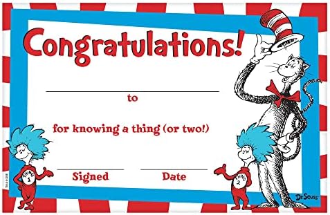 Gato no chapéu - Dr. Seuss | Diplomas de certificado de papel | 5 1/2 x 8 1/2 | 36 ct.