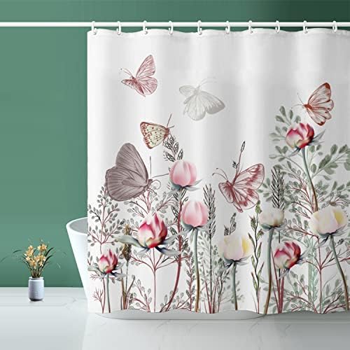 Cortina de chuveiro niidder, cortina de chuveiro floral Cortina de chuveiro de tecido branco - 36 W x 72 l com 12 ganchos para cortinas