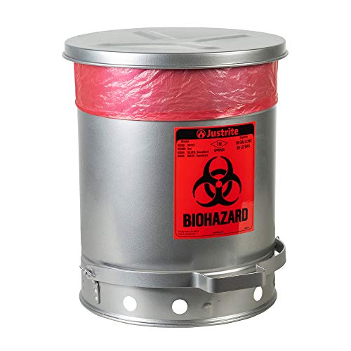 Justite 05934 Sondguard Steel Biohazard Recipiente de resíduos com tampa operada por pé, capacidade de 10 galões, 13-15/16 OD x 18-1/4